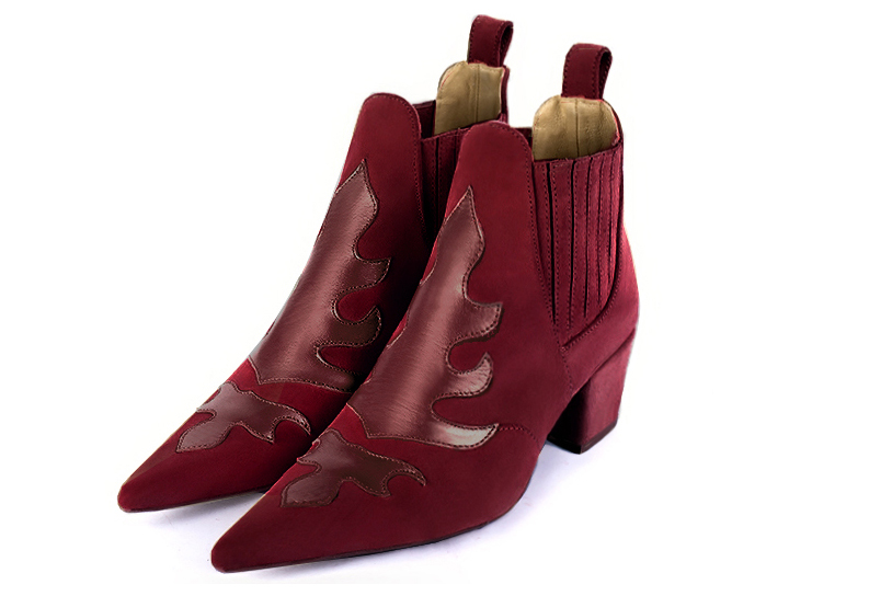 Burgundy red women's ankle boots, with elastics. Pointed toe. Medium cone heels. Front view - Florence KOOIJMAN